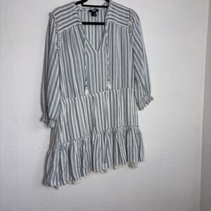 PAIGE Striped Smocked Tiered Ruffle Dress Tassel V Neck large blue white